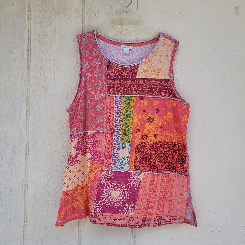 SUNDANCE Sleeveless Patchwork Top Sz M Pink Paisley Multi Print Tank Boho Beachy